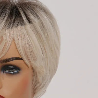 Short straight ombre blonde synthetic hair wig with bangs, 8 inch length, brown gradient gold colour, on mannequin head