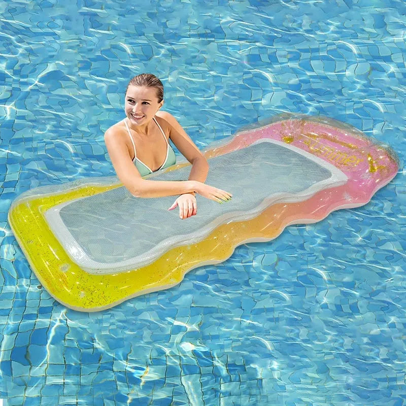 PVC inflatable floating row pool lounge in gradient sequin blue-purple wave design with canopy
