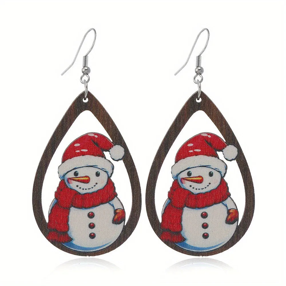 Wooden Christmas earrings with geometric Christmas tree and water drop snowman designs featuring Santa Claus motifs