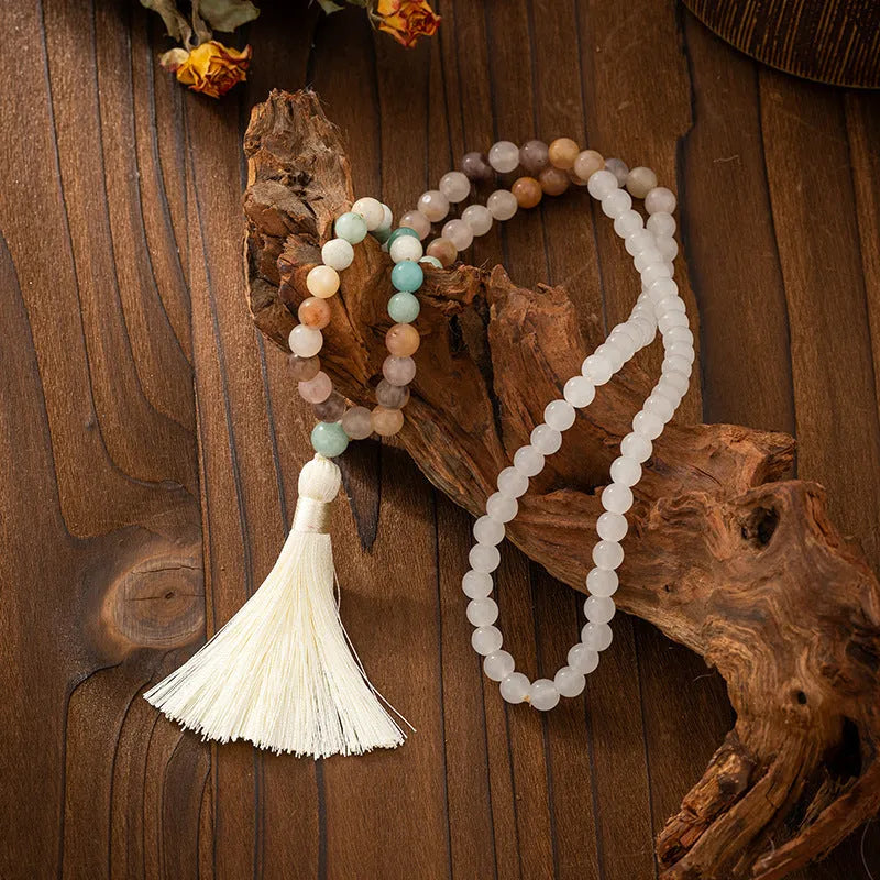Vintage tassel bohemian style long necklace with geometric stone beads and matching bracelet