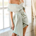 Off-shoulder strapless dress with high waist, patchwork skirt, and lace-up front detail in matcha green colour