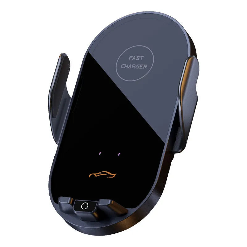 66W fast charging wireless car phone holder with electroplated finish, black, mounted on air vent with hook