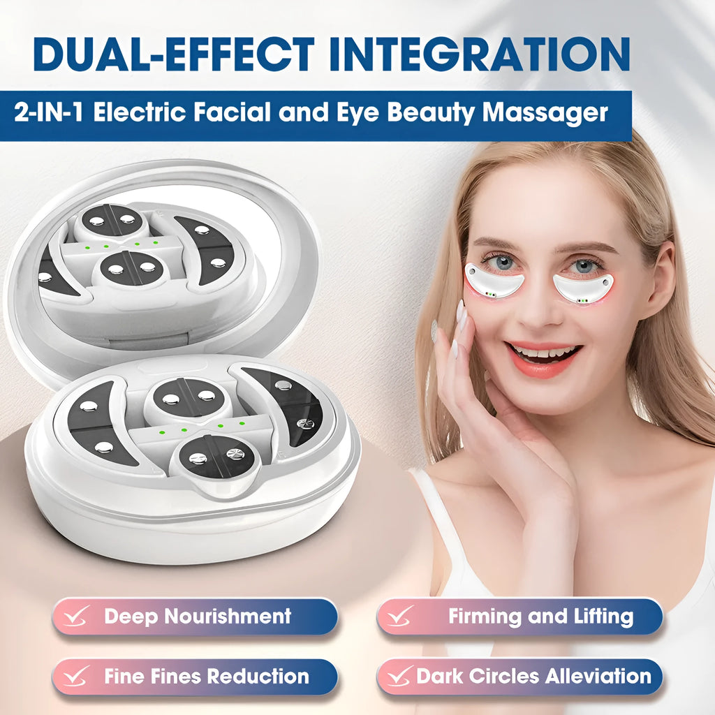 White wireless red light EMS eye and facial massager device on a table