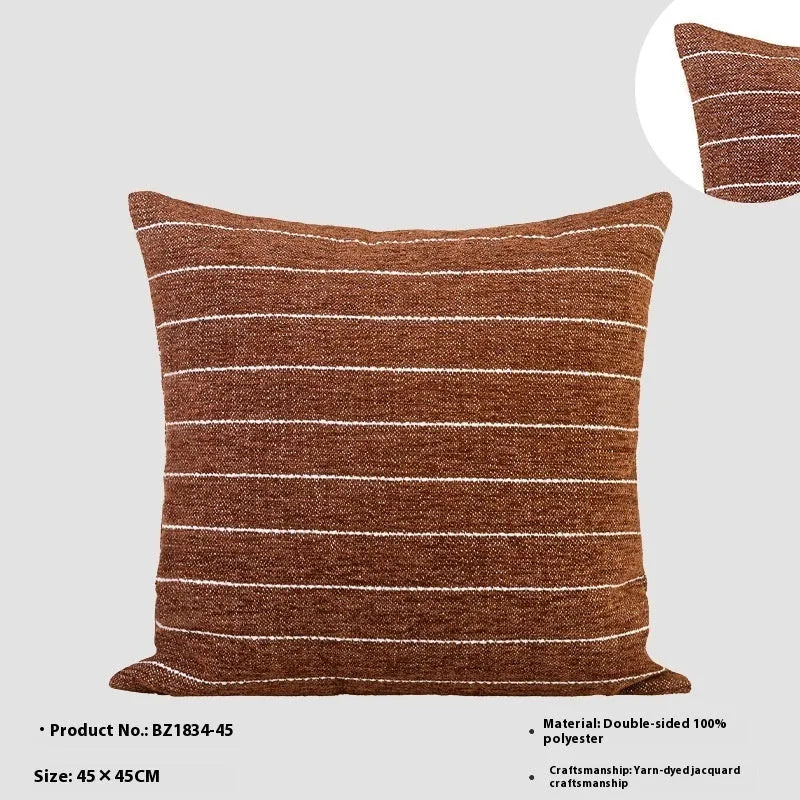 Chinese ancient style square sofa cushion with geometric pattern in brown Maillard colours, 45cm.