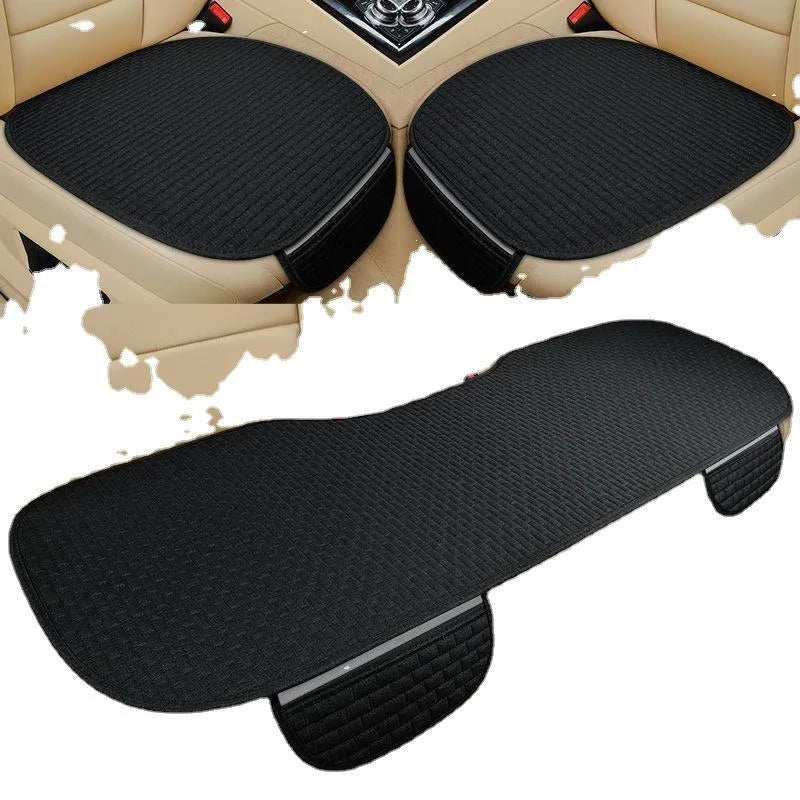 Linen car seat cushion set with hemmed edges in black and red, coffee, and cream colour options