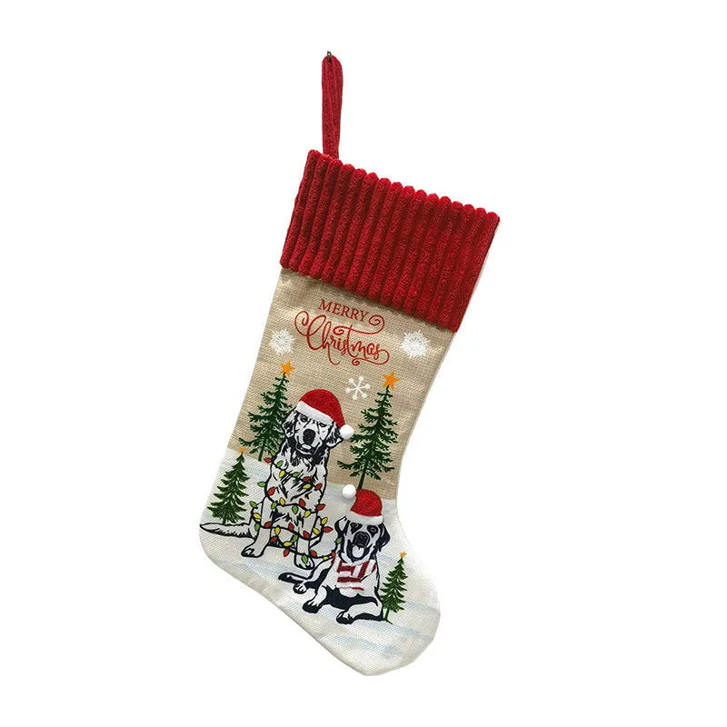Red cloth Christmas tree pendant with white fireplace illustration, measuring 46 by 28 centimetres.