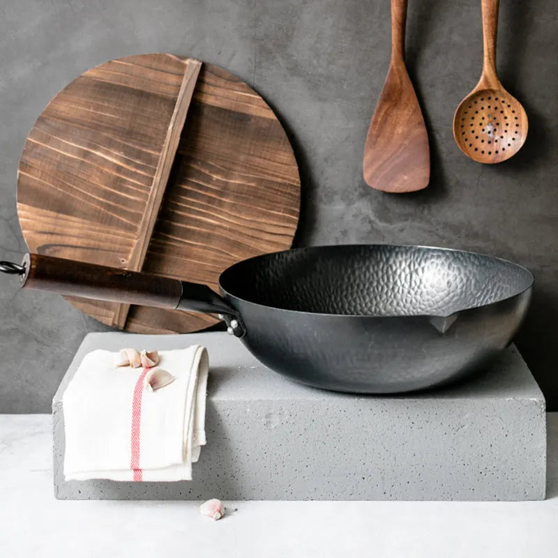 Traditional black iron wok pan with wooden handle and glass lid option