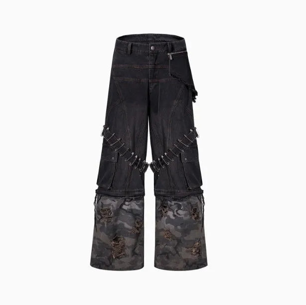 Men's grey and camouflage cotton jeans with splicing panel design and pin ribbon details.