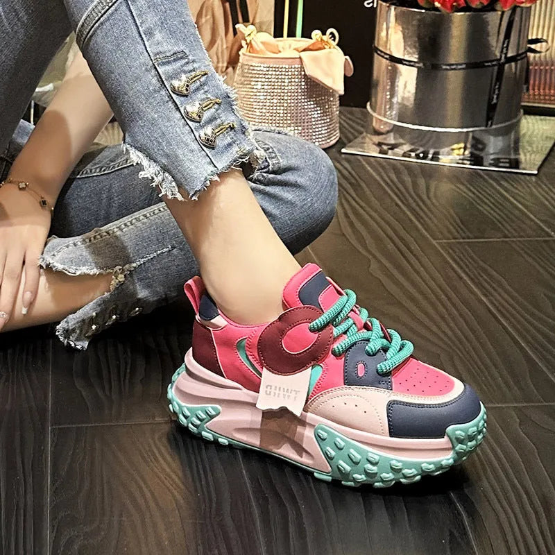 Women's thick-soled leather sports casual shoes in silver colour with round toe and lace-up front.