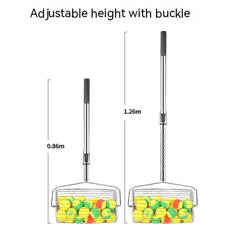 Stainless steel roller tennis ball picker with adjustable handle on a court.
