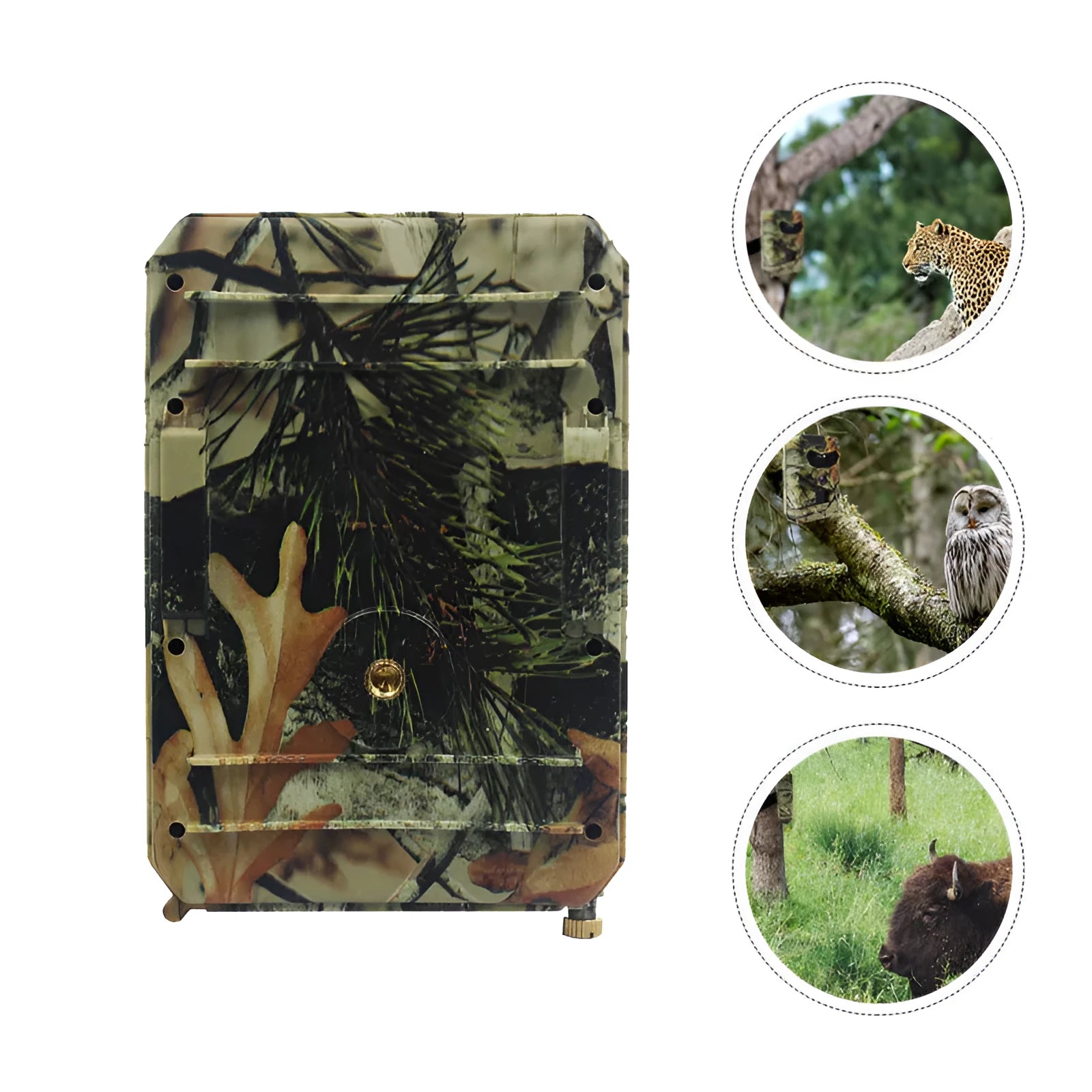 Yellow brown plastic 16MP infrared hunting scouting camera showing lens and display.