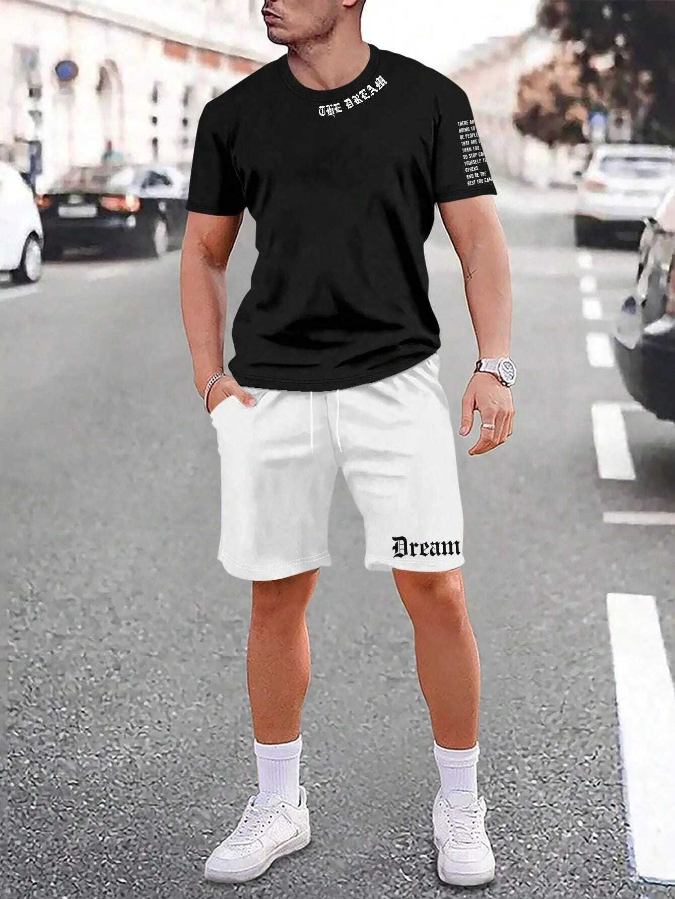 Sports style short-sleeved shorts set with printed pattern, loose fit shorts, and quick-dry fabric