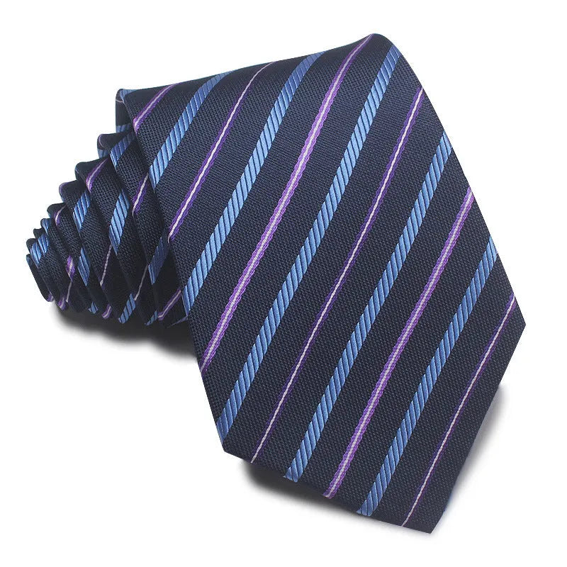 8CM wide polyester jacquard striped business tie in arrow style showing red, black, and blue colour options