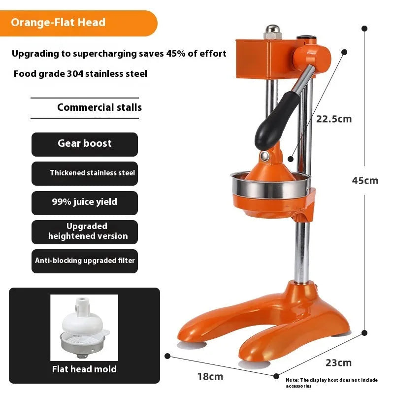 Vertical stainless steel manual juicer with zinc alloy base in choice of colours with pointed, flat or double head options