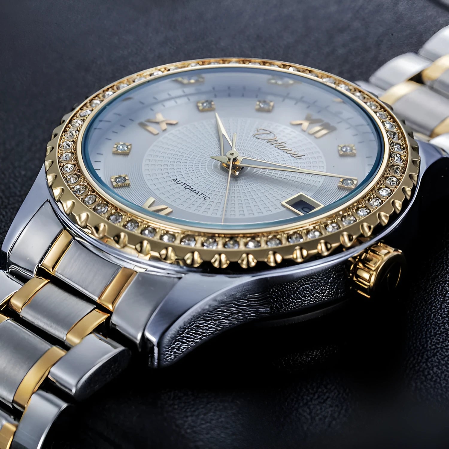 Fashionmonger automatic mechanical watch with luminous hands on wrist showing gold case and black dial