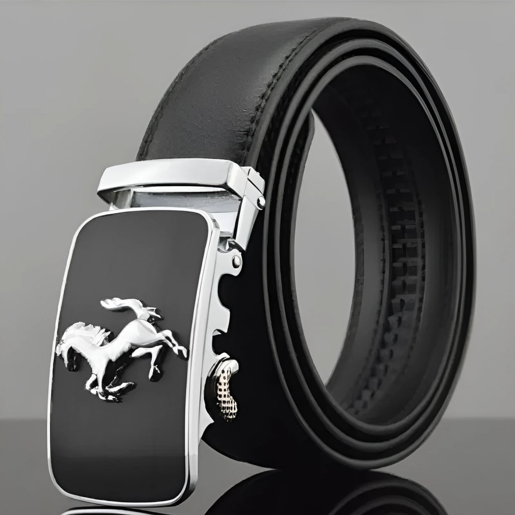 Men's black leather belt with automatic buckle, showing leopard print design and gun metal buckle.