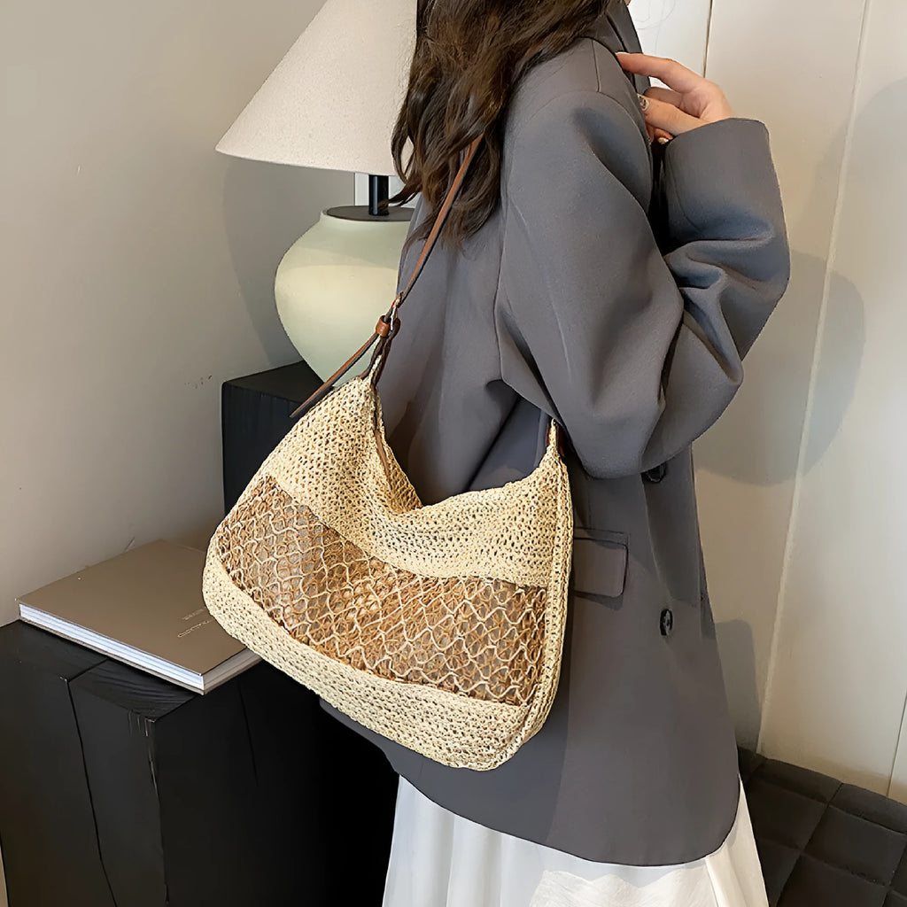 Women's casual straw crossbody bag in khaki colour with horizontal square shape and adjustable shoulder strap