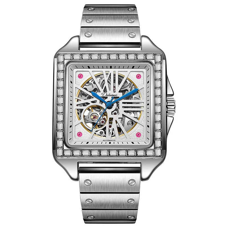 Men's square automatic watch with a diamond-studded dial on a black steel bracelet.