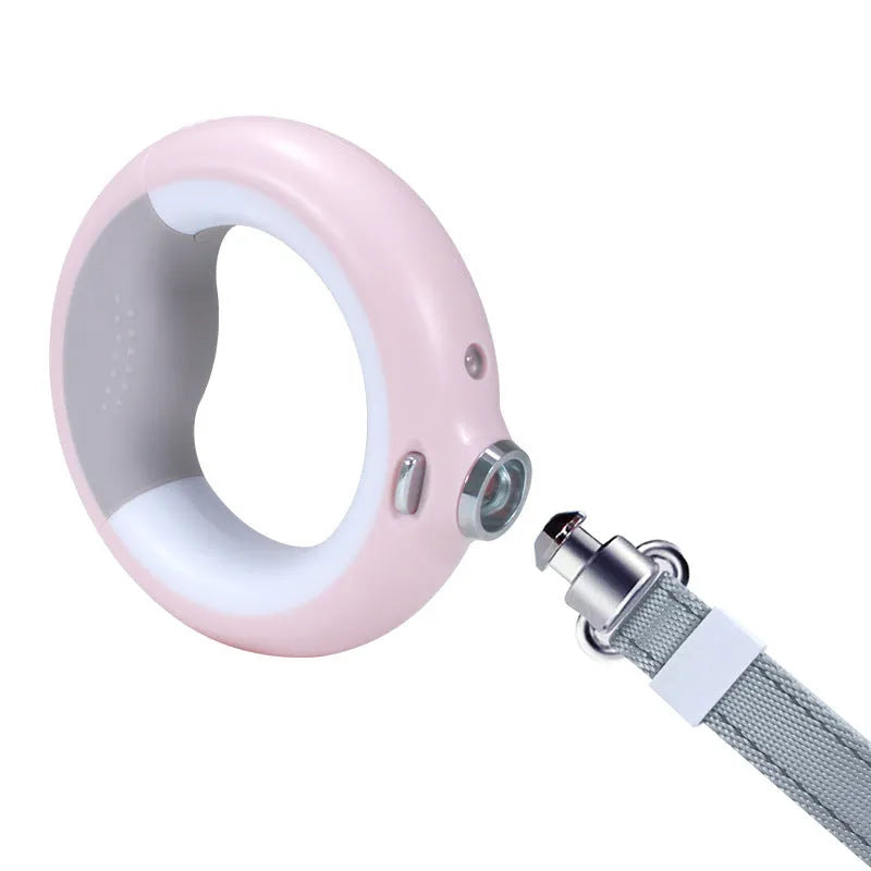 Luminous automatic telescopic dog rope with ABS housing, USB charging, pink colour option on white background