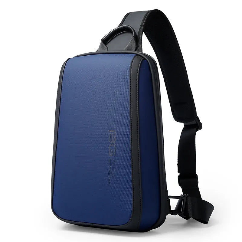 Blue Oxford cloth men's messenger bag with shoulder straps and a top handle, shown with dimensions 33x21x10cm.