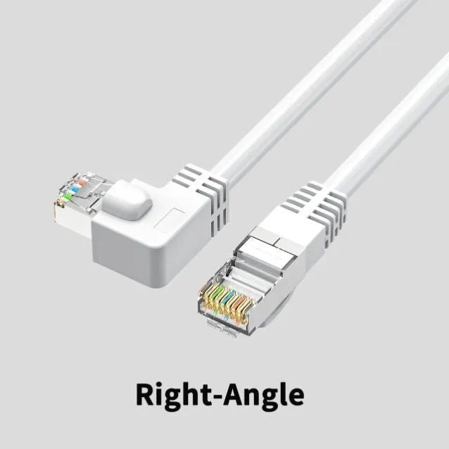 Right-angled Cat6 Ethernet cable with metal connector in various colours including black, red, and yellow.