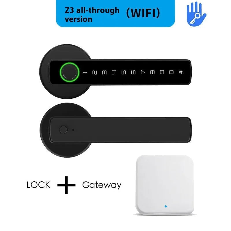 Black spherical handle smart door lock with fingerprint scanner and keyhole for wooden interior doors