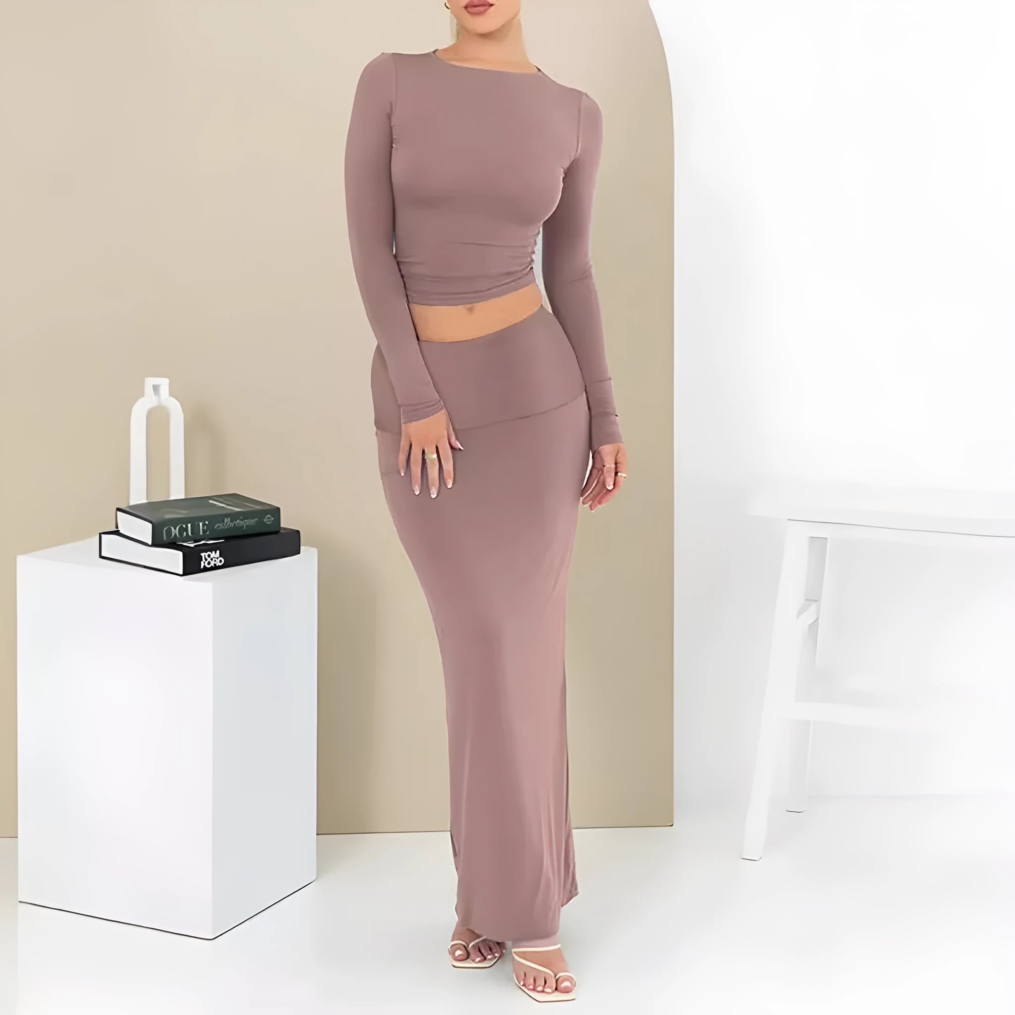 Women's polyester two-piece autumn suit in sweet style with three-quarter sleeves and long skirt
