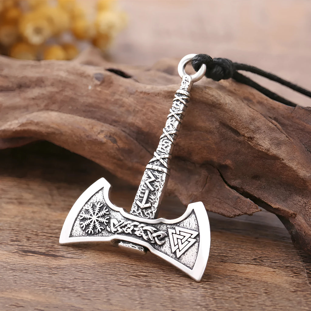 Retro Nordic Viking Odin symbol axe pendant necklace for men in antique silver finish on alloy cross chain