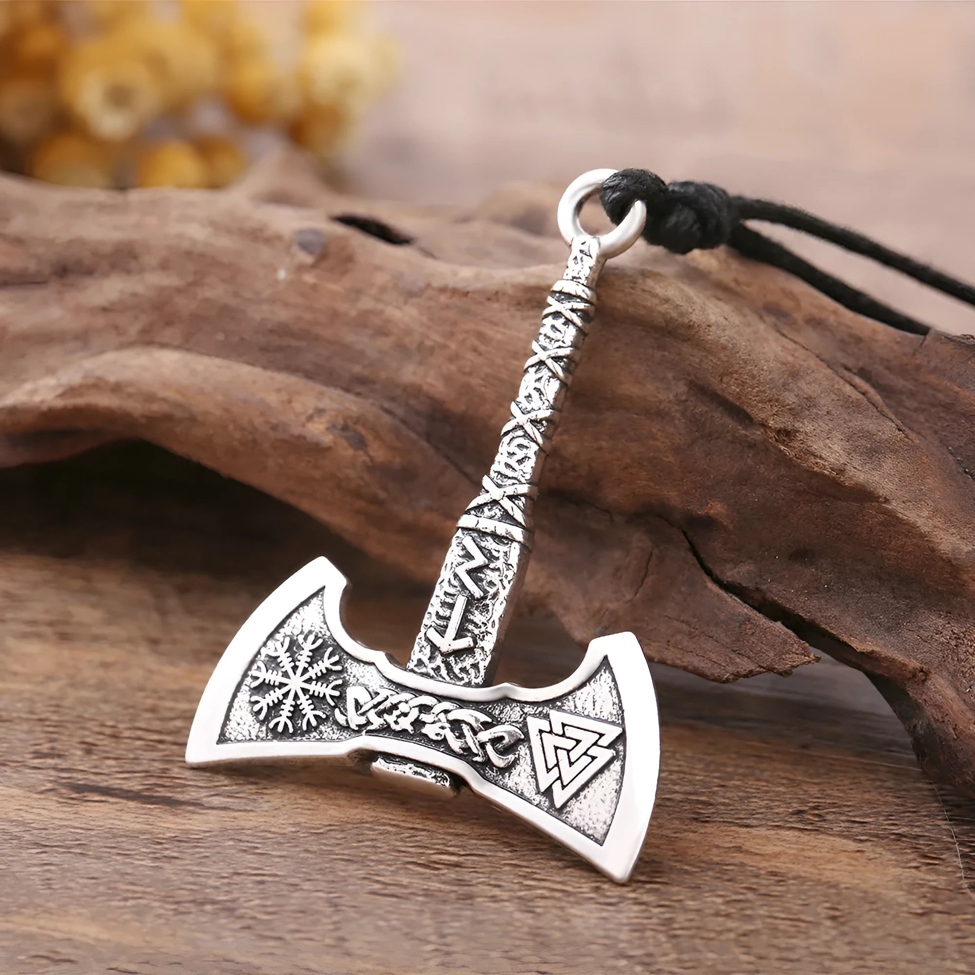 Retro Nordic Viking Odin symbol axe pendant necklace for men in antique silver finish on alloy cross chain