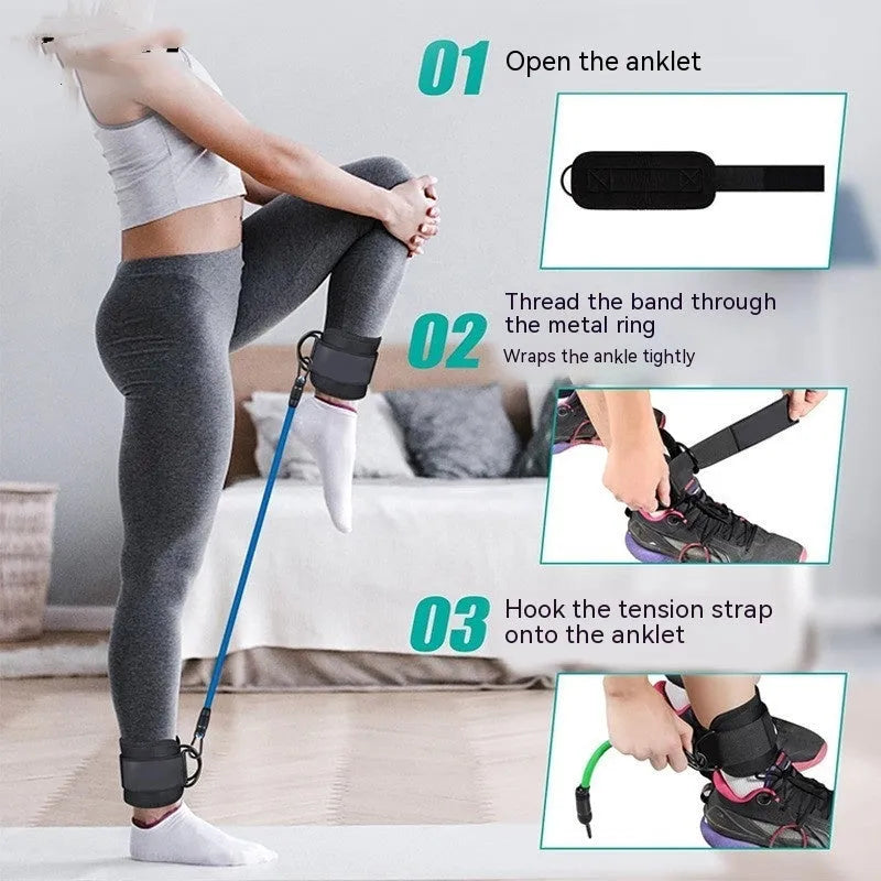 TPE yoga ankle tension bands with foot loops and storage bag for hip lifting exercises