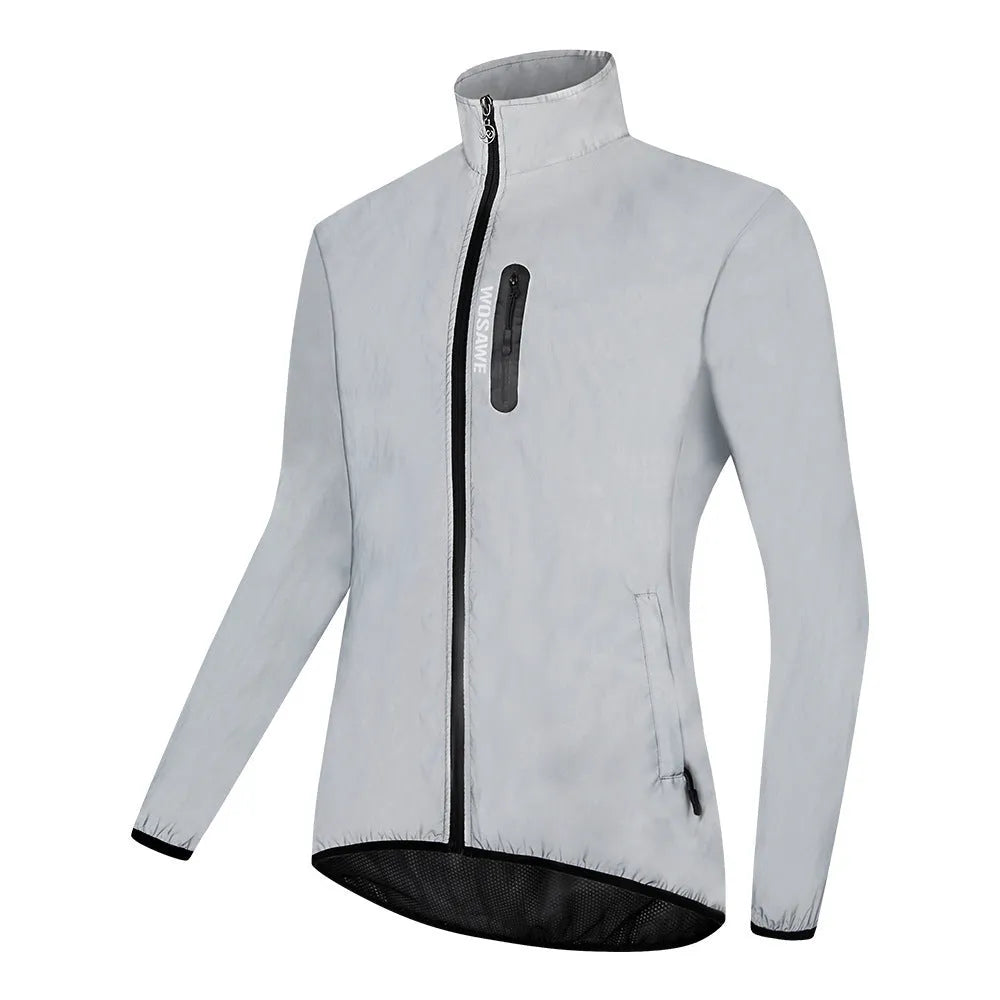 Waterproof polyester long sleeved windproof top in silver colour showing European sizing options