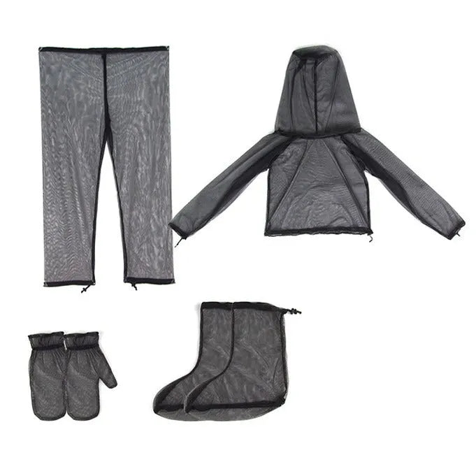 Solid colour mesh anti-mosquito suit for outdoor camping and fishing, shown with hood, pants, and booties.