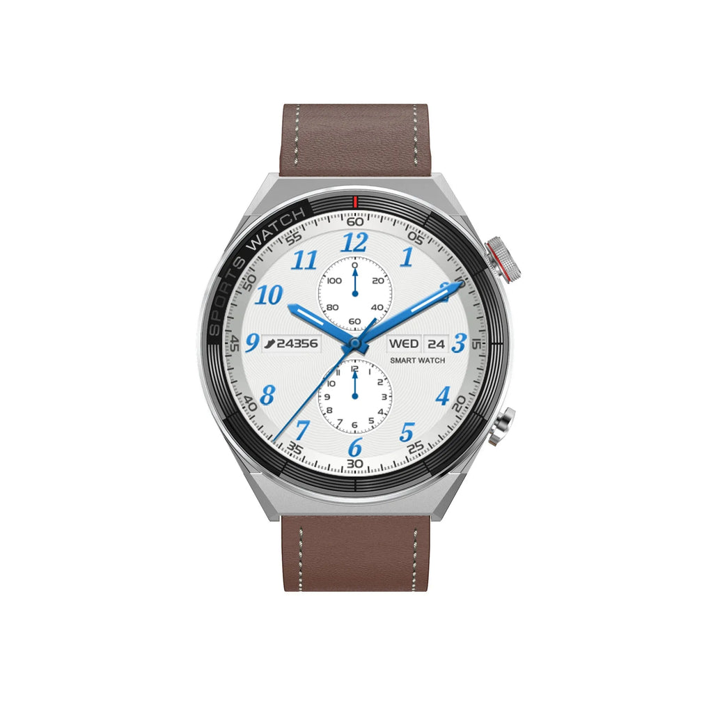 Black smart watch with large colour screen displaying time and notifications on a leather strap