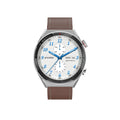 Black smart watch with large colour screen displaying time and notifications on a leather strap
