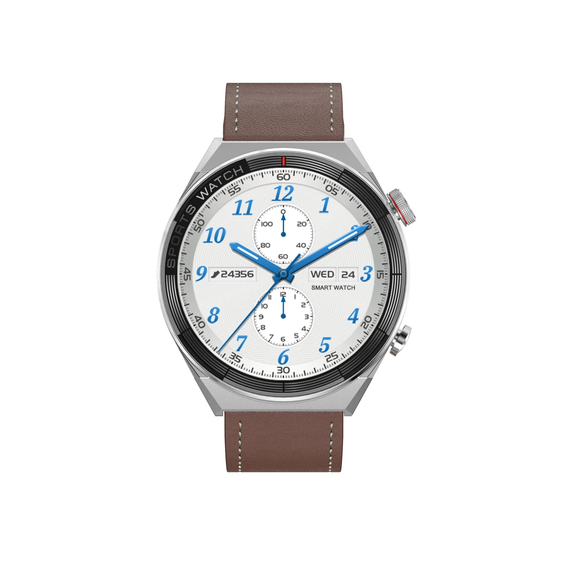 Black smart watch with large colour screen displaying time and notifications on a leather strap