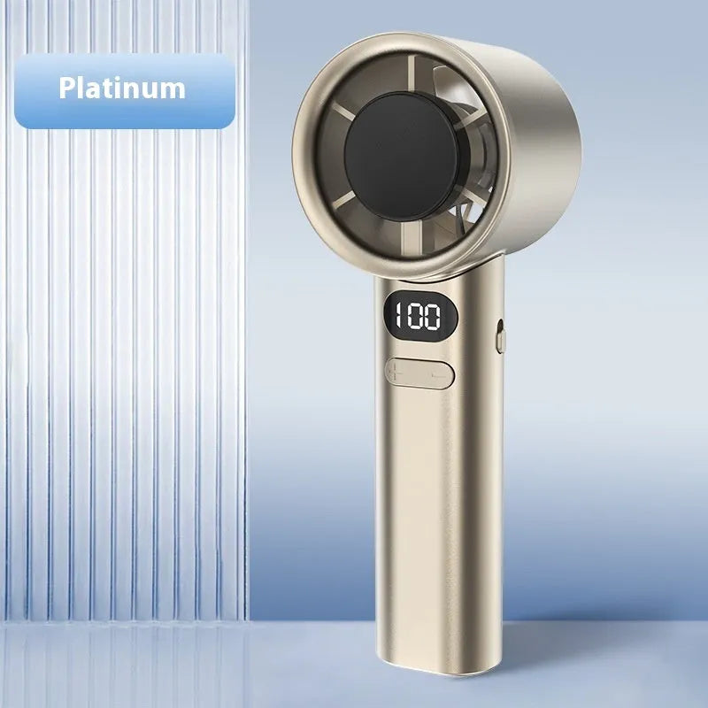 USB-powered handheld fan with variable speed control in green, silver, khaki, or white colour.