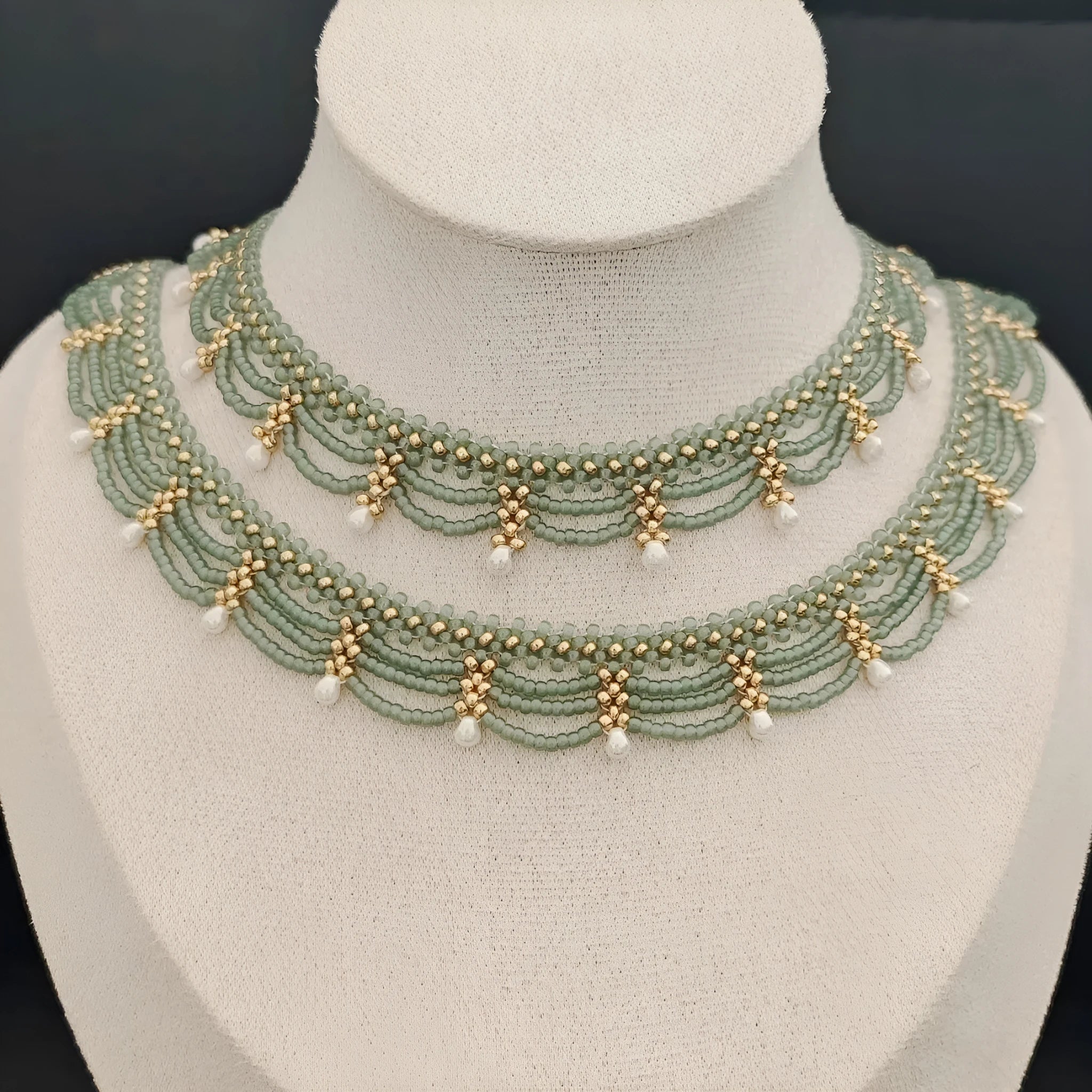 Retro style imitation pearl water drop pendant necklace with double layer lace, women's vintage costume jewellery