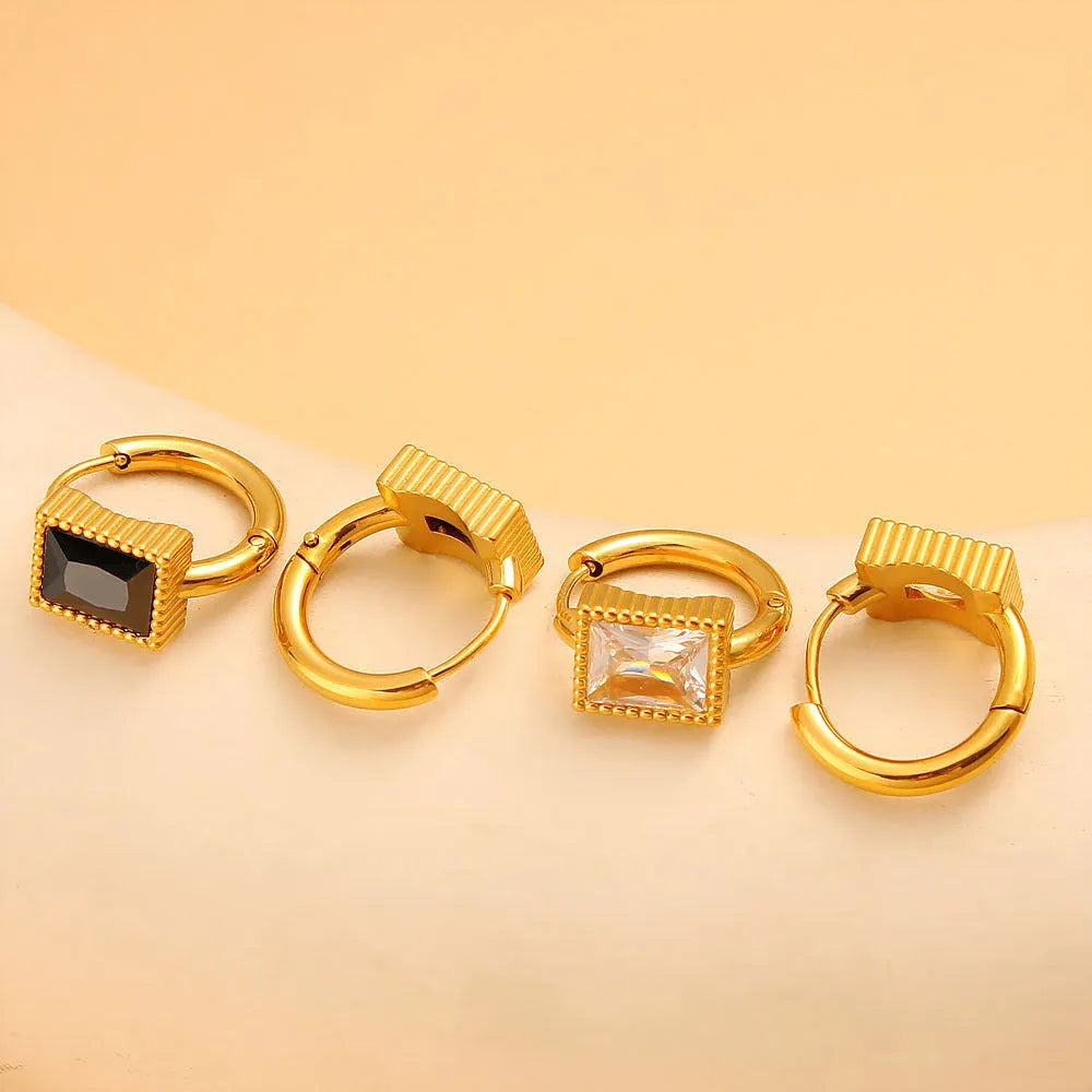 Square zircon stainless steel earrings with geometric design in white, black and green colours