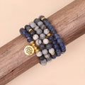 Blue patterned network stone bead multi layer bracelet with alloy charms and adjustable clasp