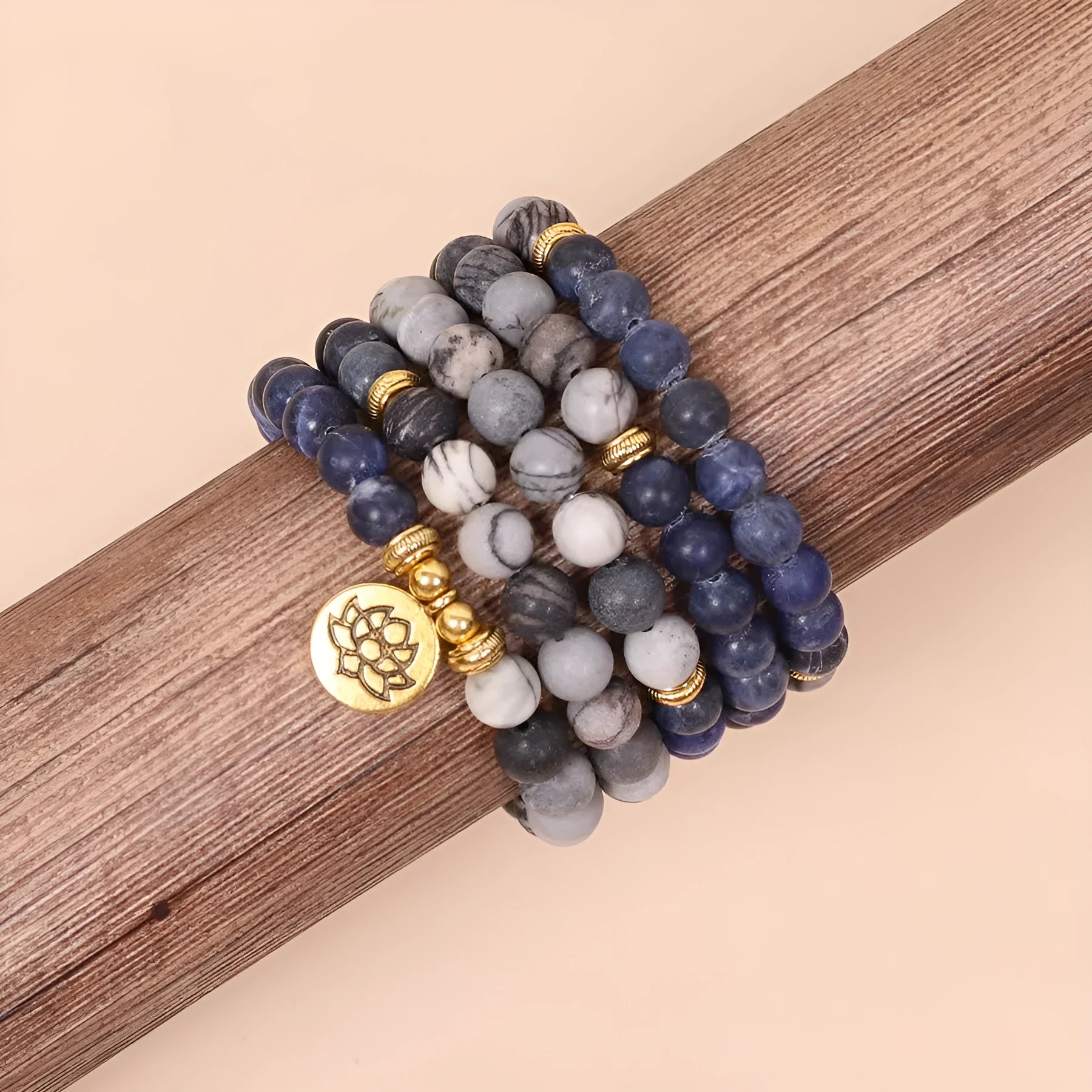 Blue patterned network stone bead multi layer bracelet with alloy charms and adjustable clasp