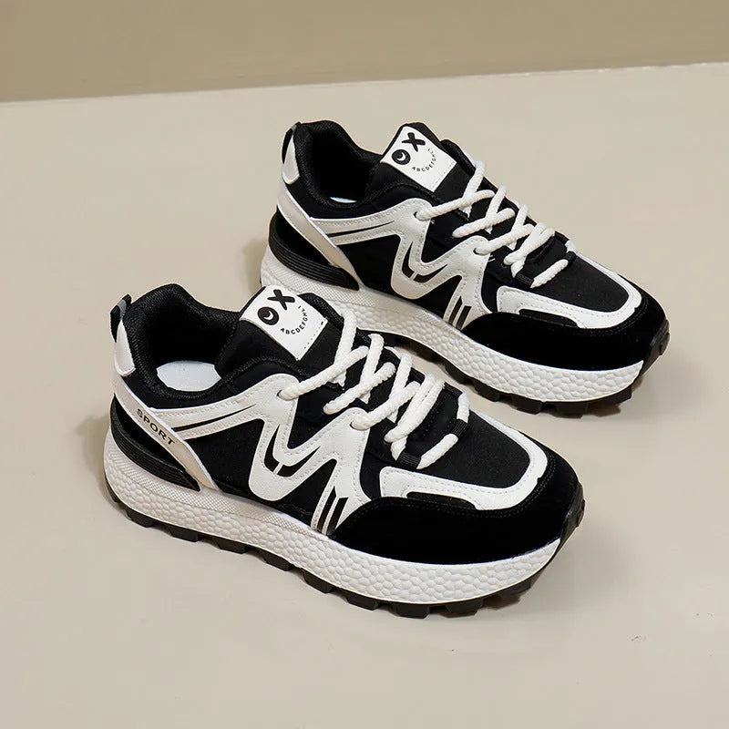 Women's black artificial PU platform casual shoes with round toe and lace-up front.
