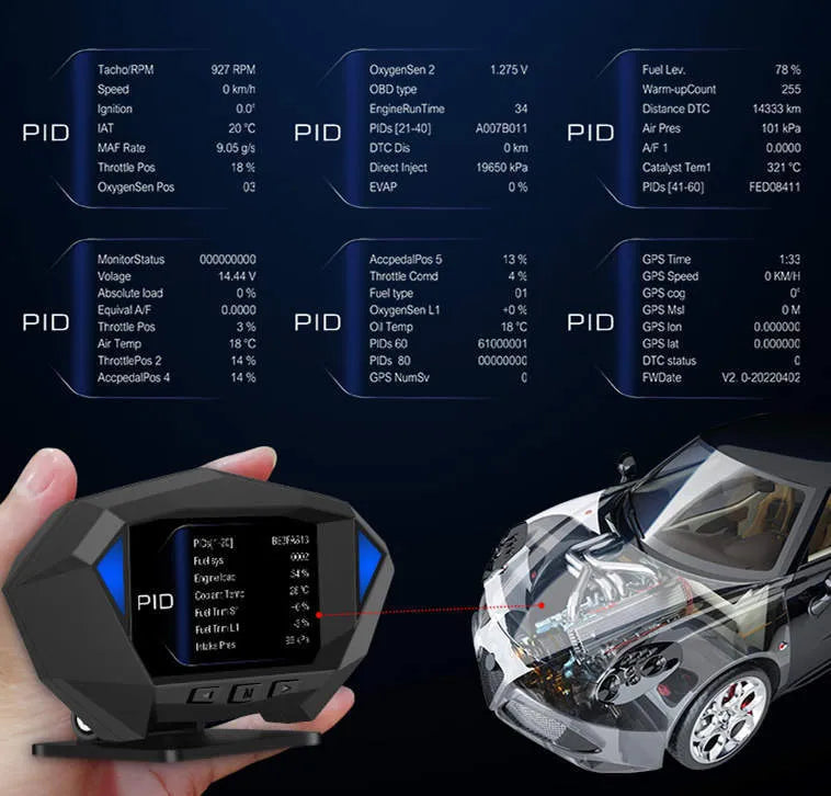 Black vehicle HUD display unit with LCD screen and OBD connection cable on car dashboard