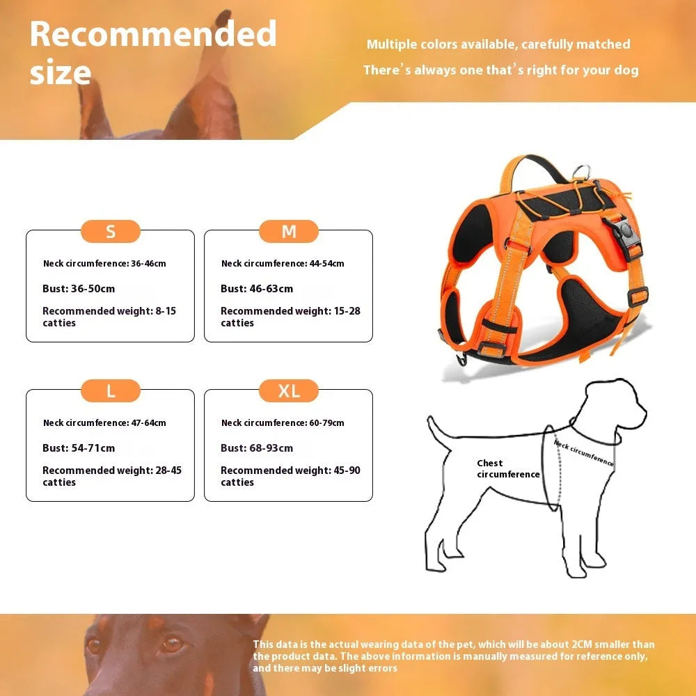 Orange adjustable dog harness with reflective trim and a black hand-holding rope lead attached