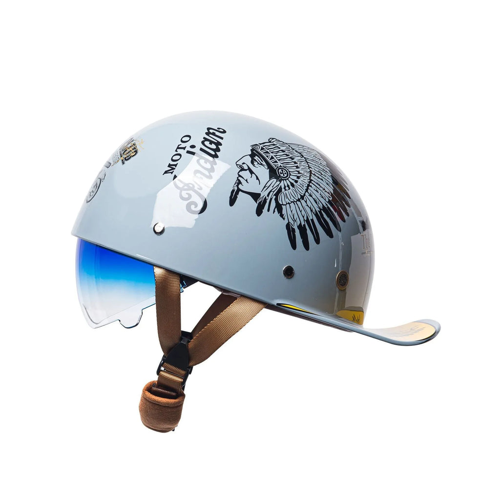 Retro half helmet for electric bicycles in bright black with gradient blue lens visor
