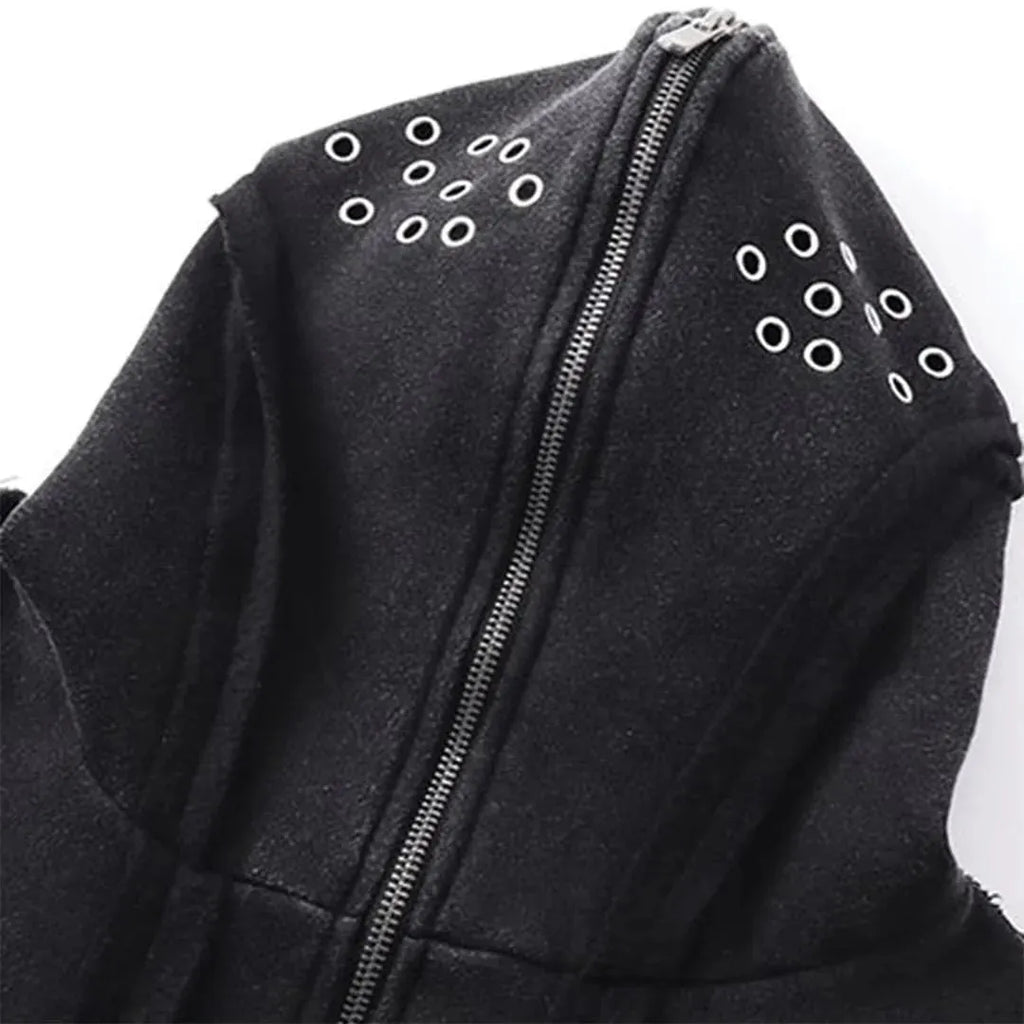 Black mens loose-fit cotton cardigan coat with zip front, attached hood, and abstract pattern.
