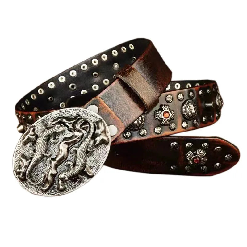 Men's genuine leather punk rivet belt with alloy buckle in retro colours on a table.