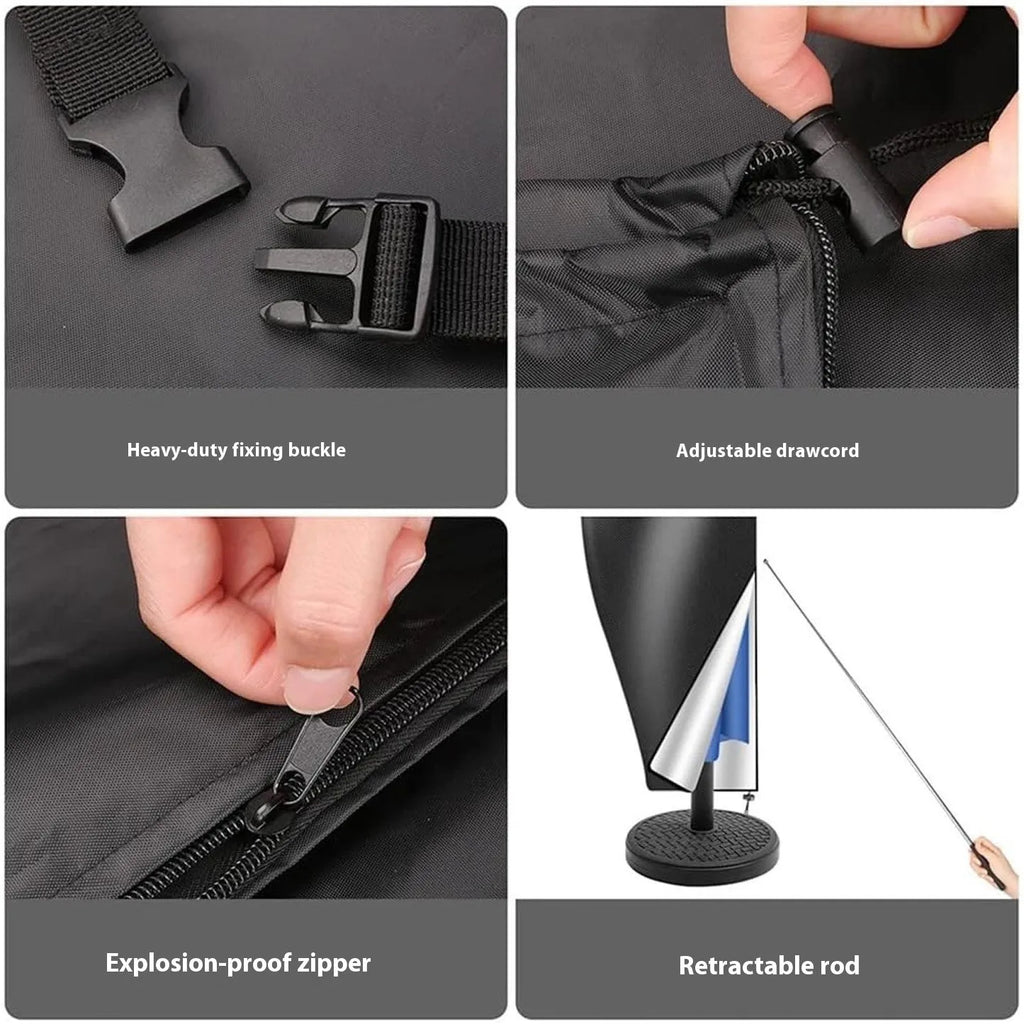 Grey waterproof offset banana-shaped umbrella cover made from Oxford cloth shown protecting outdoor furniture.