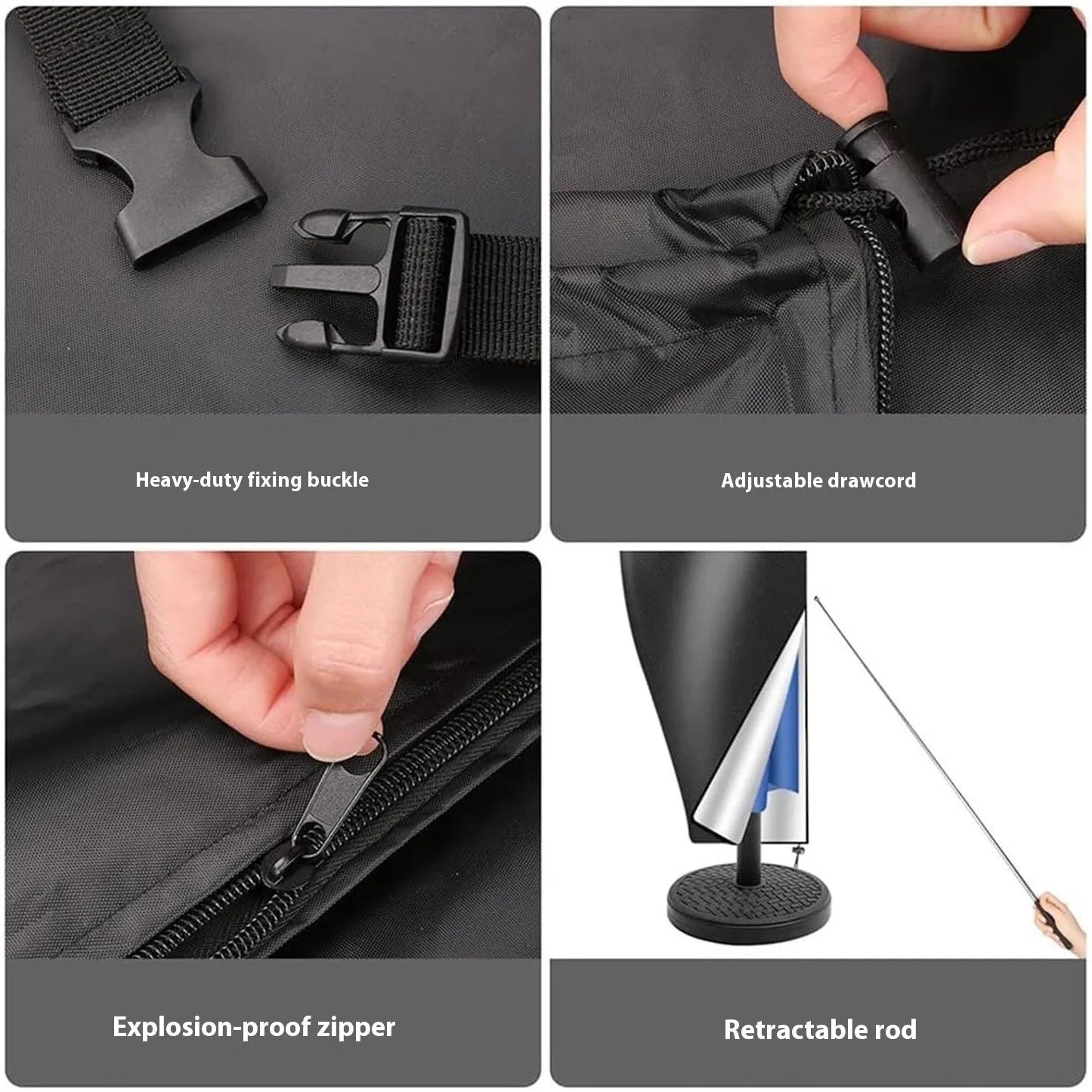 Grey waterproof offset banana-shaped umbrella cover made from Oxford cloth shown protecting outdoor furniture.