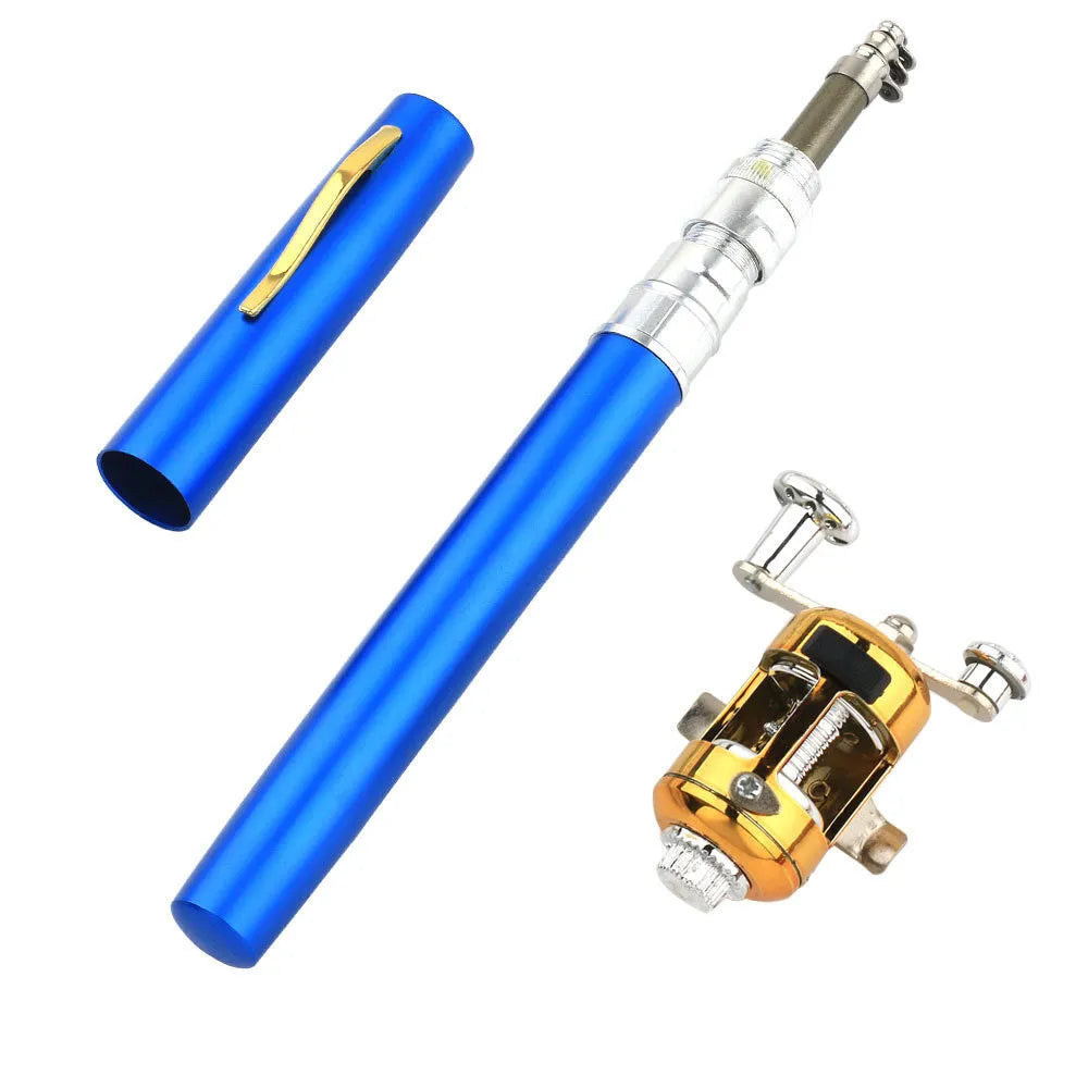 Portable telescopic pen fishing rod kit collapsed to 20.5cm next to its ST5RL fishing reel.