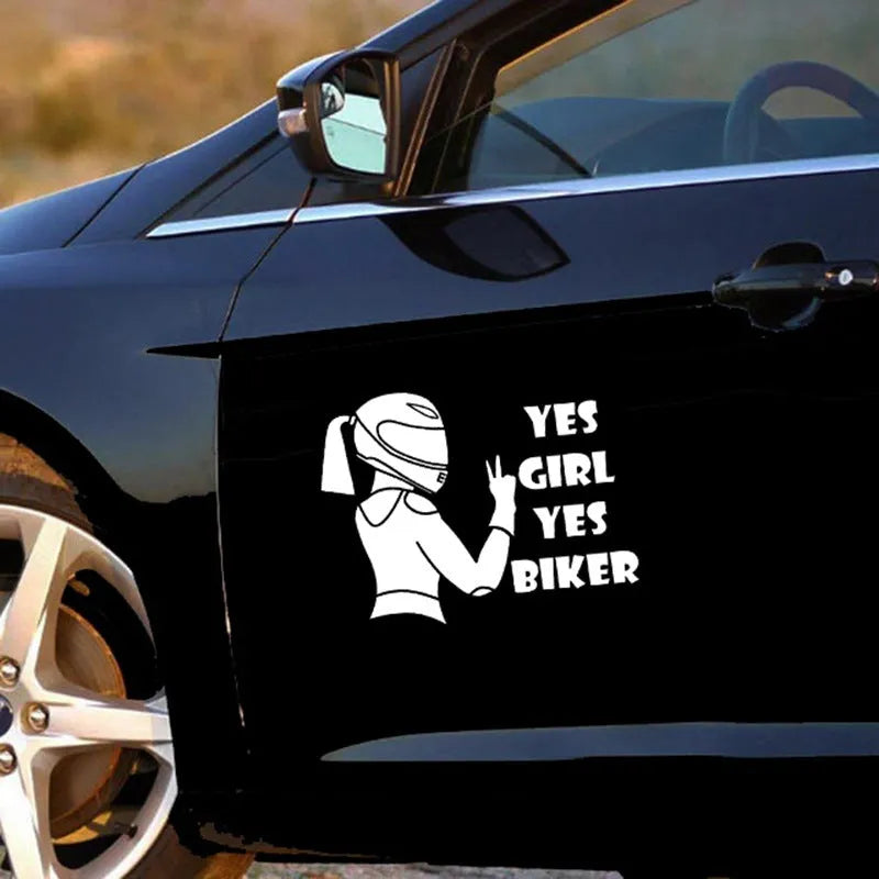 Cool girl rider character waterproof car sticker in black, measuring 16cm by 15cm.